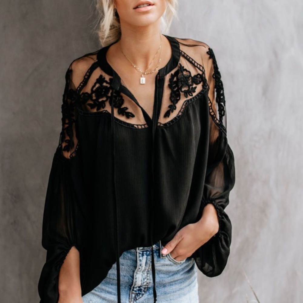 FLASH SALE! Lace Flowy Chiffon Top Blouse Top - Picture 3 of 6